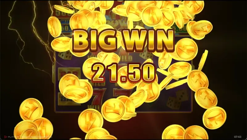 Big Win screen in Power Crown slot with gold coins and a 21.50 win amount