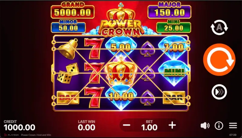 Power Crown game interface showing active payline paths across the 5x3 reel grid