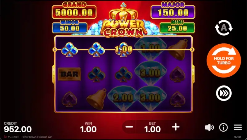 Regular Power Crown win with a highlighted payline and diamond bonus symbols on the reels