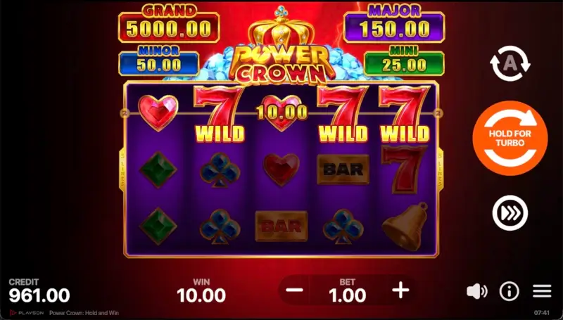 Wild 7 symbols completing a 10.00 win in Power Crown slot